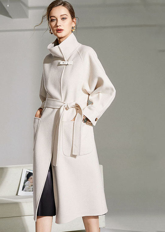 White Stand Collar Pockets Slim Fit Woolen Warp Coat Winter