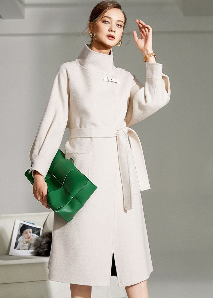 White Stand Collar Pockets Slim Fit Woolen Warp Coat Winter