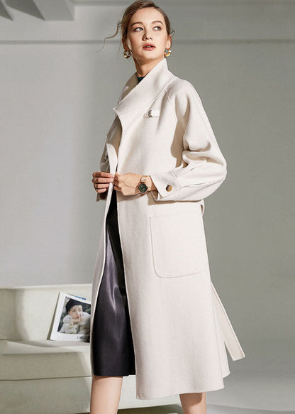 White Stand Collar Pockets Slim Fit Woolen Warp Coat Winter