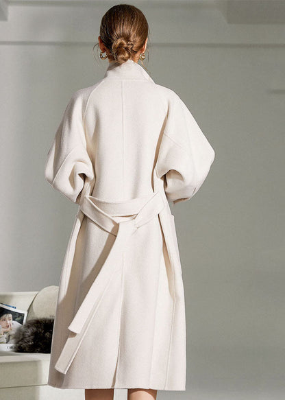 White Stand Collar Pockets Slim Fit Woolen Warp Coat Winter
