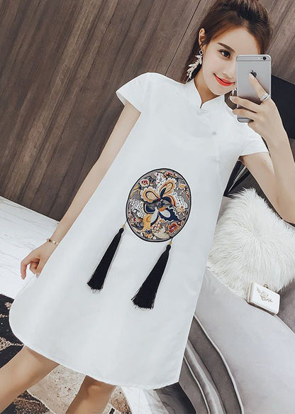White Stand Collar Print Tassel Button Cotton Mid Dresses Short Sleeve