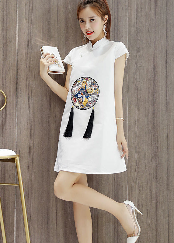 White Stand Collar Print Tassel Button Cotton Mid Dresses Short Sleeve