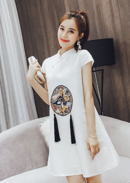 White Stand Collar Print Tassel Button Cotton Mid Dresses Short Sleeve