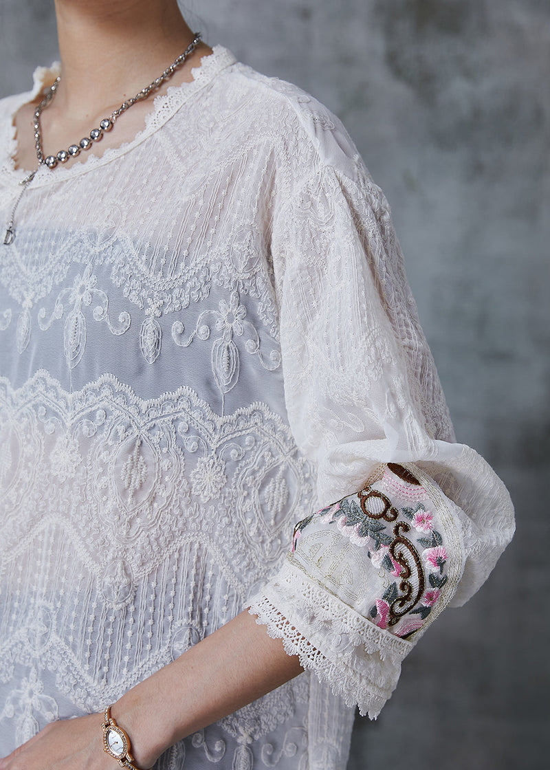 White Tasseled Embroidered Cotton Top Summer