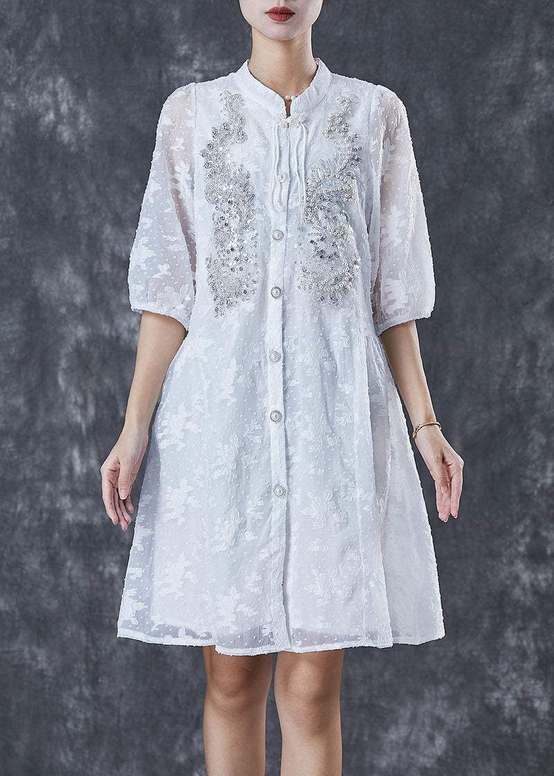 White Tasseled Nail Bead Cotton Dress Half Sleeve