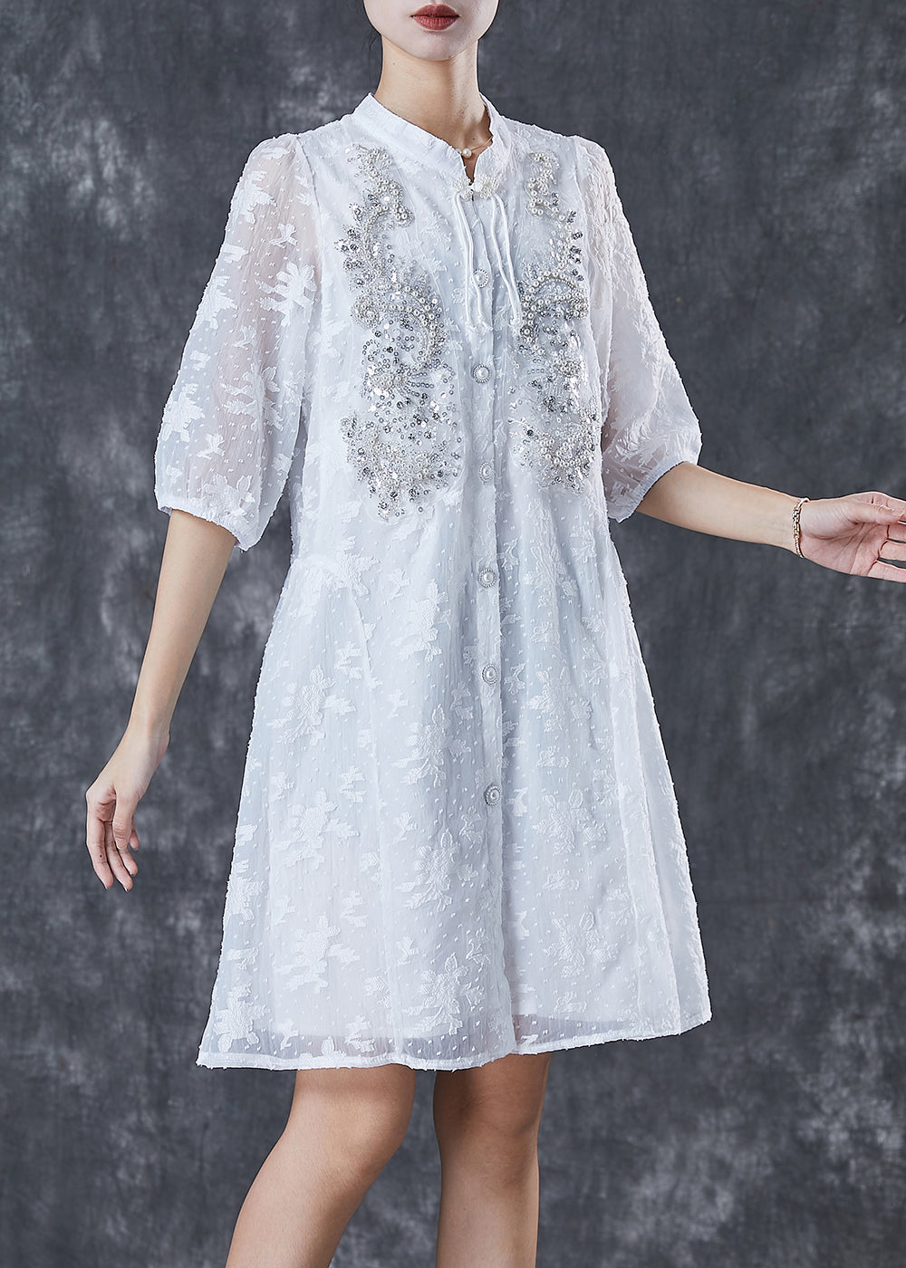 White Tasseled Nail Bead Cotton Dress Half Sleeve