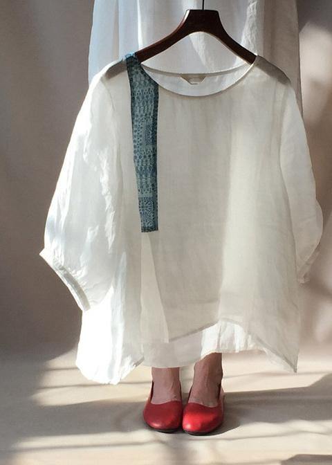 Beautiful White Top Silhouette O Neck Lantern Sleeve Plus Size Clothing Blouses