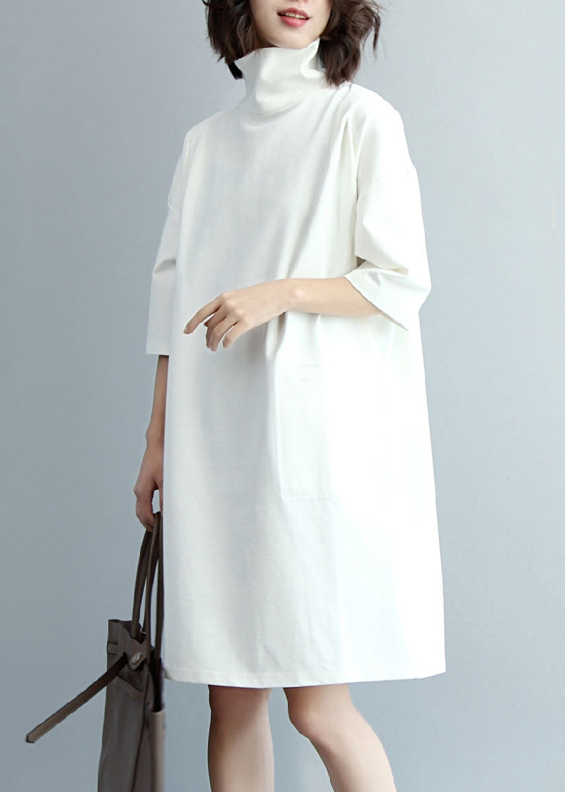 White Turtle Neck Cotton Maxi Dresses Half Sleeve