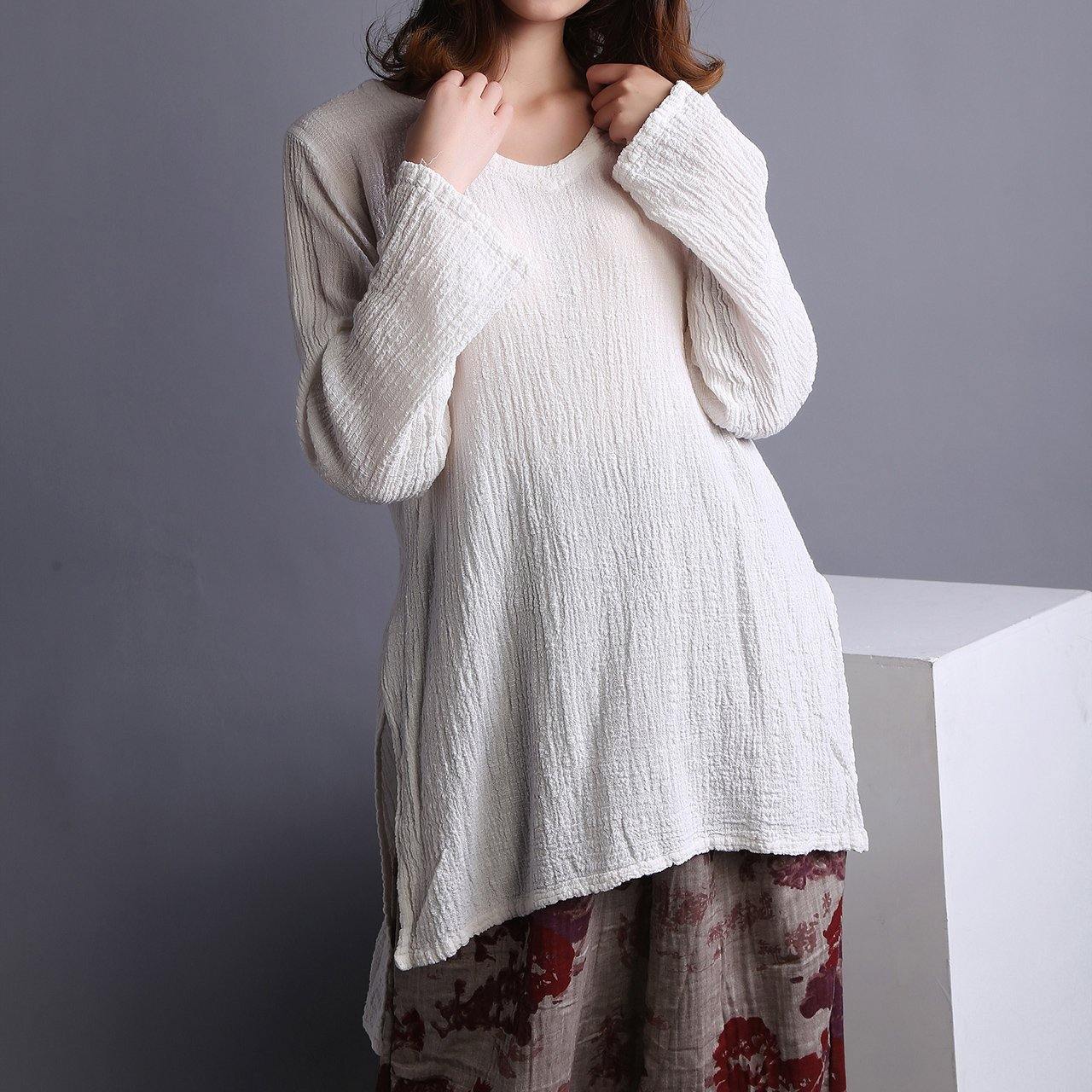 Beautiful White U Neck low high design Linen Shirt Spring
