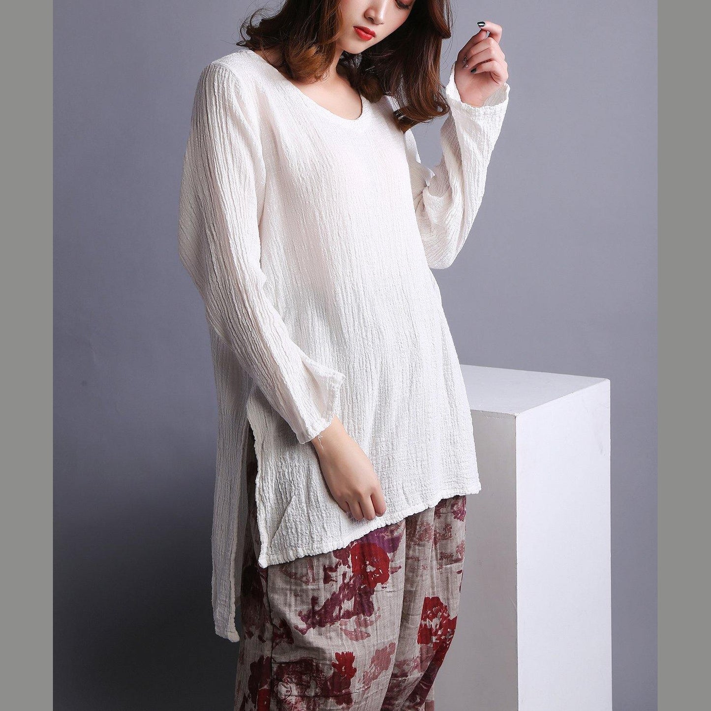 Beautiful White U Neck low high design Linen Shirt Spring