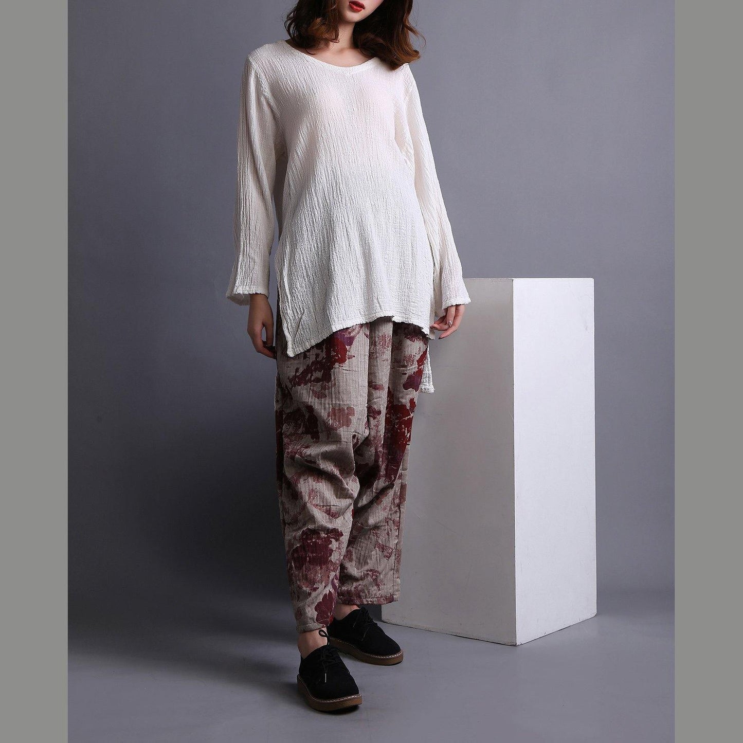 Beautiful White U Neck low high design Linen Shirt Spring