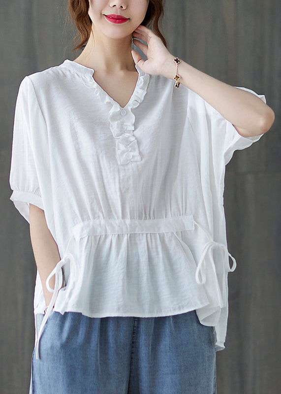 White V Neck Drawstring Ruffled Tank Tops Short Sleeve
