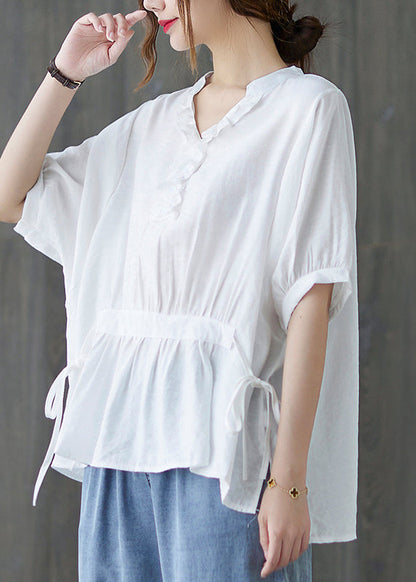 White V Neck Drawstring Ruffled Tank Tops Short Sleeve