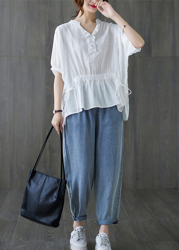 White V Neck Drawstring Ruffled Tank Tops Short Sleeve