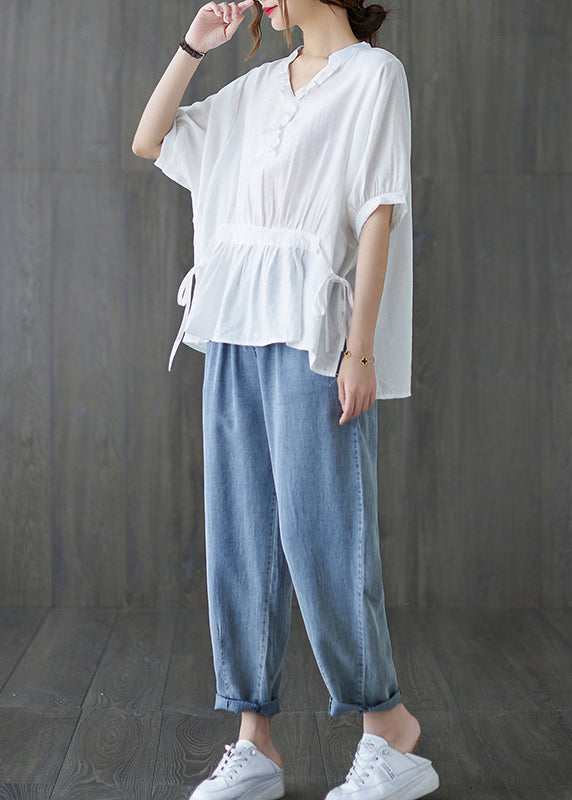 White V Neck Drawstring Ruffled Tank Tops Short Sleeve