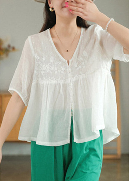 White V Neck Embroideried Patchwork Button Linen Shirt Half Sleeve