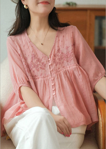 White V Neck Embroideried Patchwork Button Linen Shirt Half Sleeve