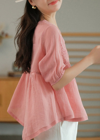 White V Neck Embroideried Patchwork Button Linen Shirt Half Sleeve