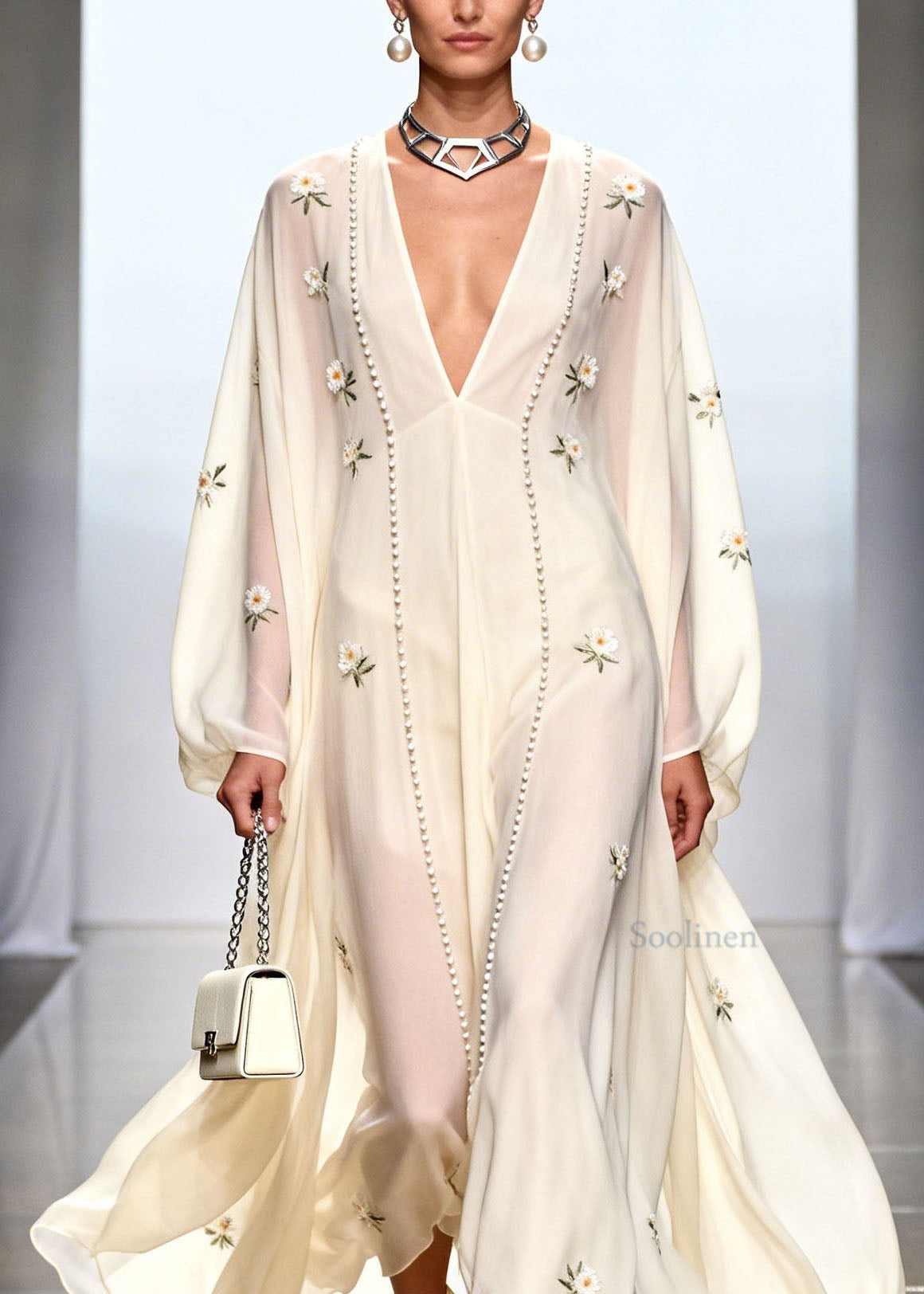 White V Neck Zircon Chiffon Dresses Spring