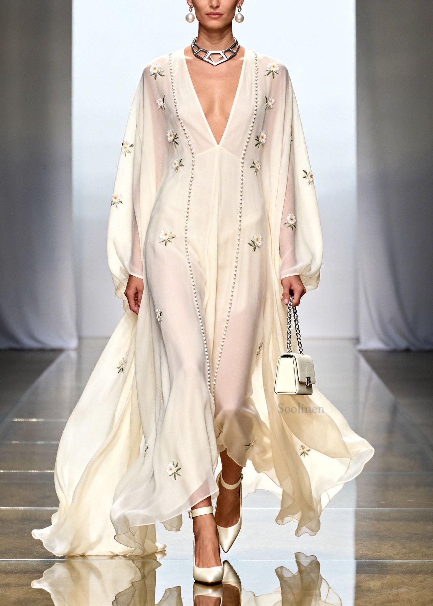 White V Neck Zircon Chiffon Dresses Spring