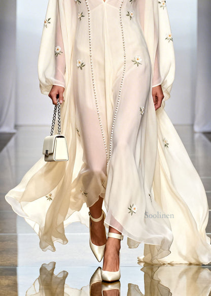 White V Neck Zircon Chiffon Dresses Spring