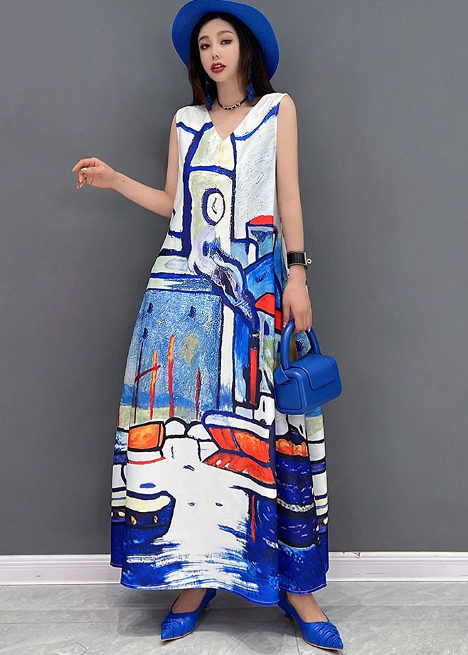 White V Neck Graphic Print Chiffon a Line Long Dress Sleeveless
