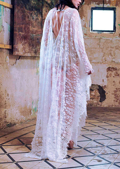 White V Neck Lace Long Holiday Dress Batwing Sleeve