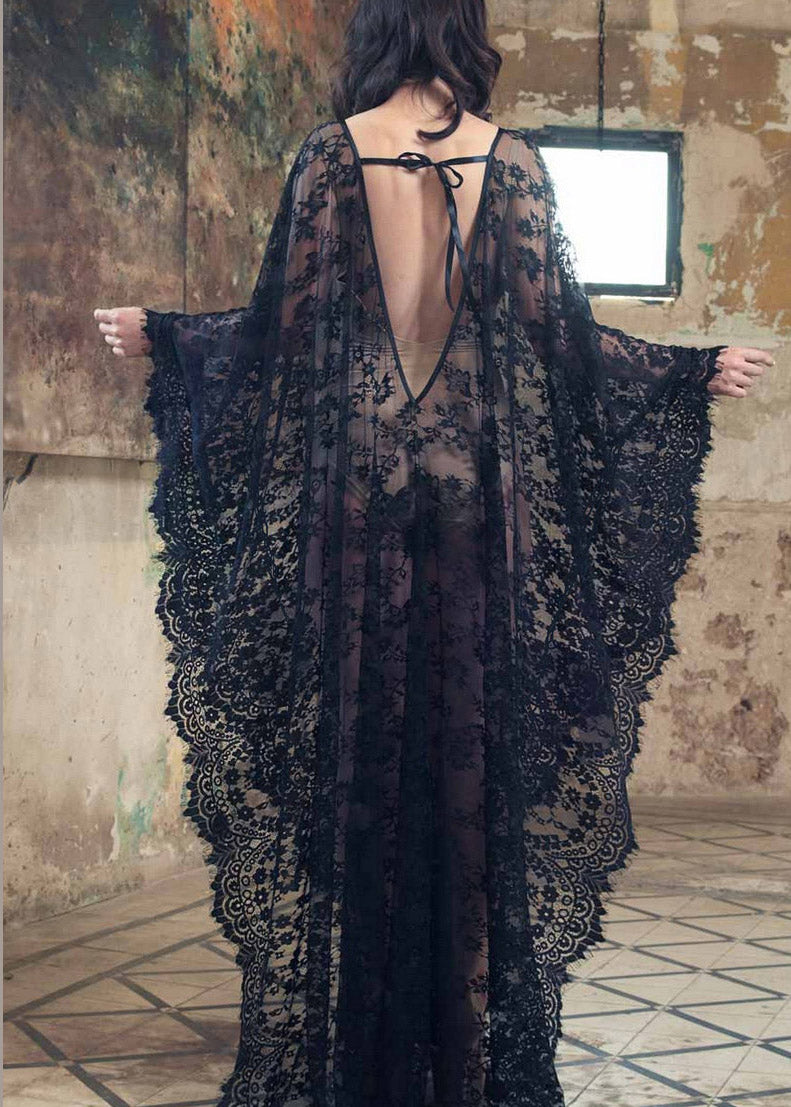 White V Neck Lace Long Holiday Dress Batwing Sleeve