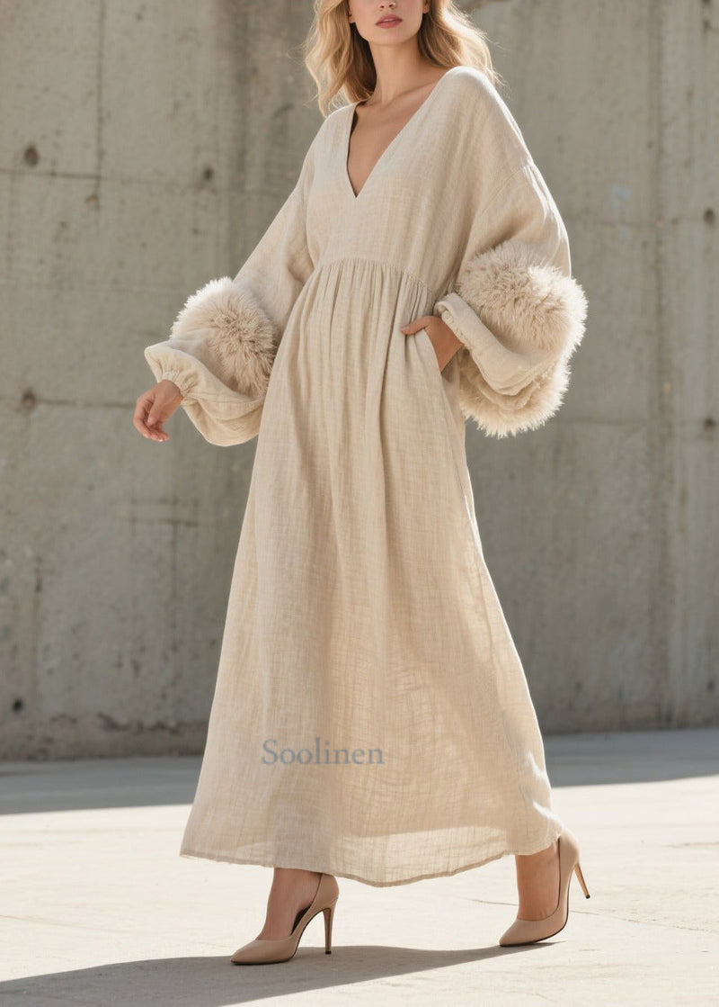 White V Neck Patchwork Faux Fur Ankle Dress Lantern Sleeve