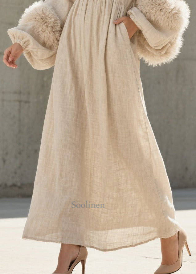 White V Neck Patchwork Faux Fur Ankle Dress Lantern Sleeve