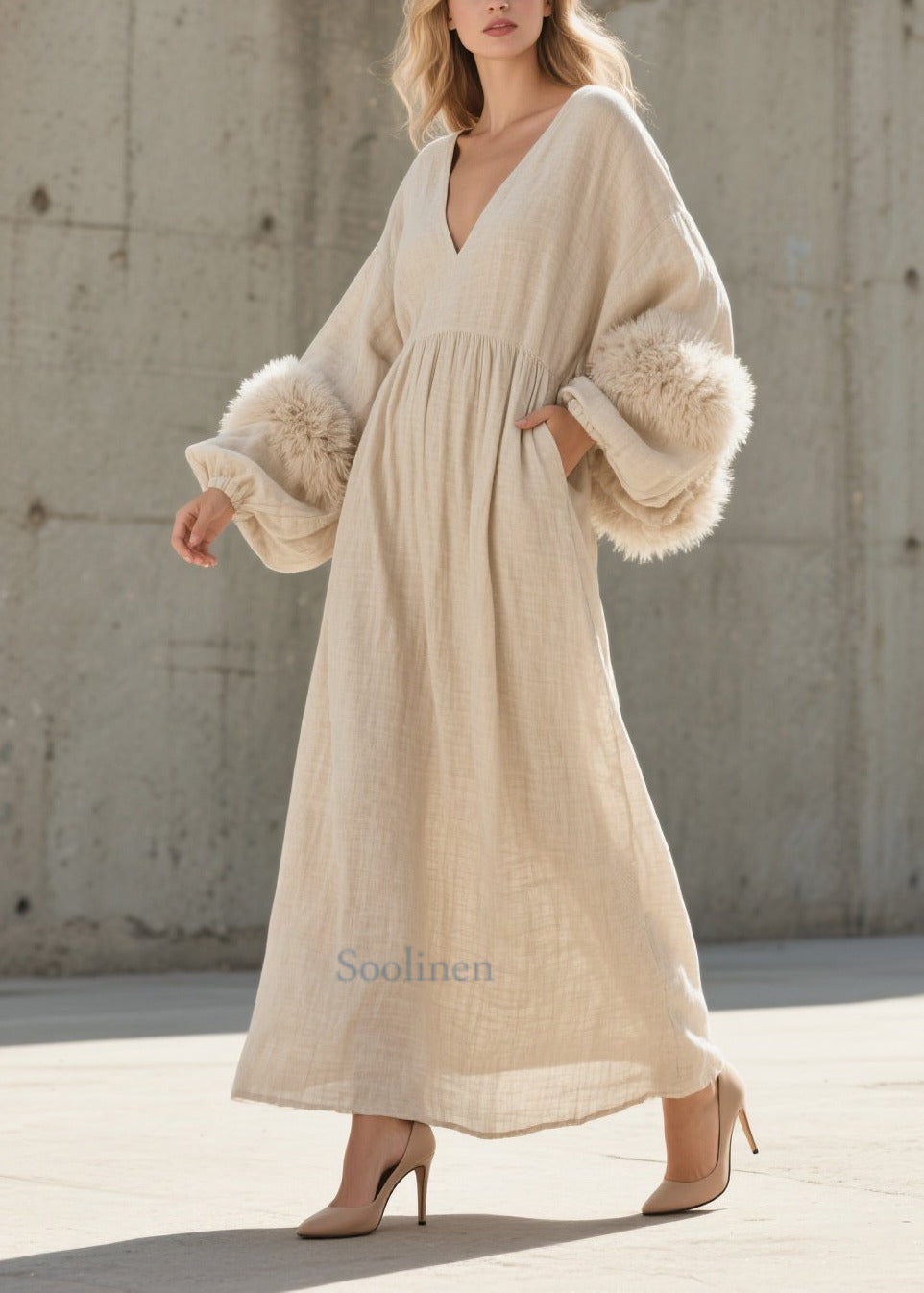 White V Neck Patchwork Faux Fur Ankle Dress Lantern Sleeve