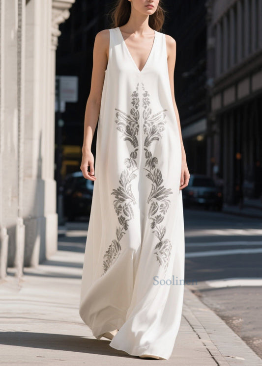 White V Neck Print Chiffon Maxi Dresses Summer