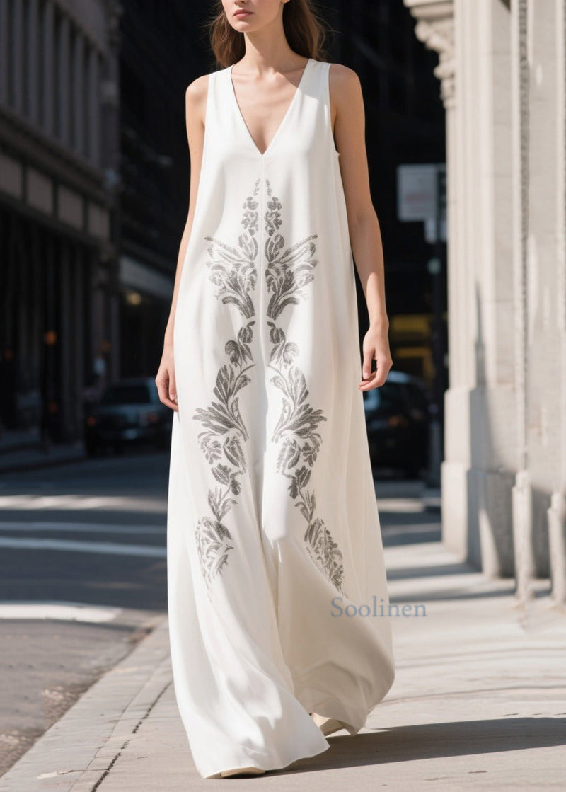 White V Neck Print Chiffon Maxi Dresses Summer