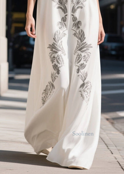 White V Neck Print Chiffon Maxi Dresses Summer