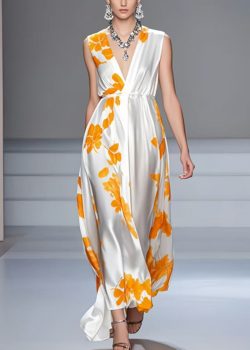 White V Neck Print Silk Summer Dress Sleeveless