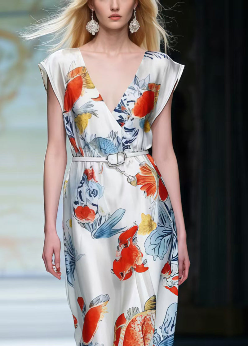White V Neck Print Silk Tunic Dresses Summer