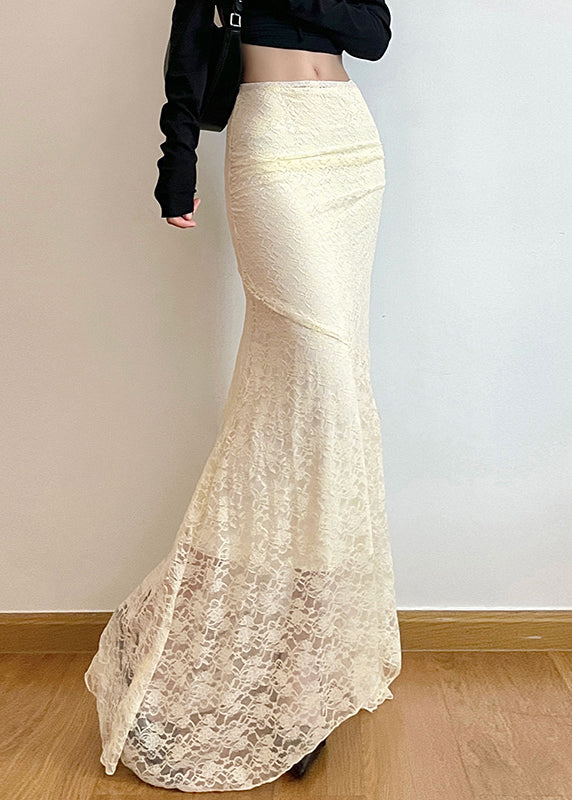 White Wraped Silm Fit Lace Fishtail Skirts Spring