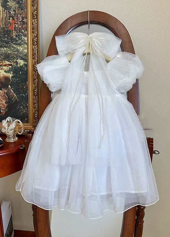 White Wrinkled Patchwork Tulle Kids Princess Dresses Summer