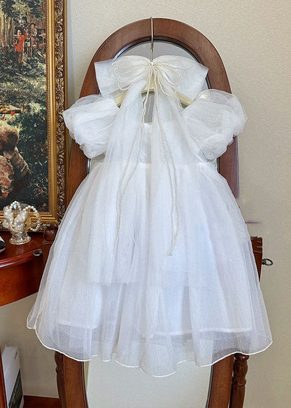 White Wrinkled Patchwork Tulle Kids Princess Dresses Summer