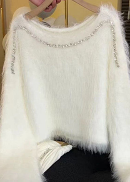 White Zircon Cozy Knit Short Sweater Spring