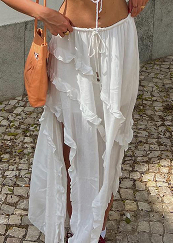 Whiteruffled Asymmetrical Lace Up Cotton Skirt Summer