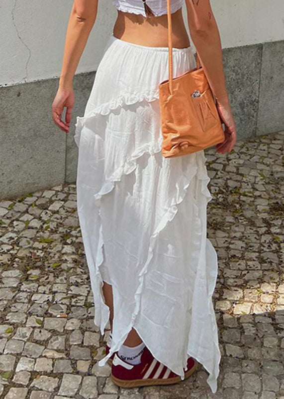 Whiteruffled Asymmetrical Lace Up Cotton Skirt Summer
