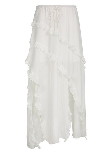 Whiteruffled Asymmetrical Lace Up Cotton Skirt Summer