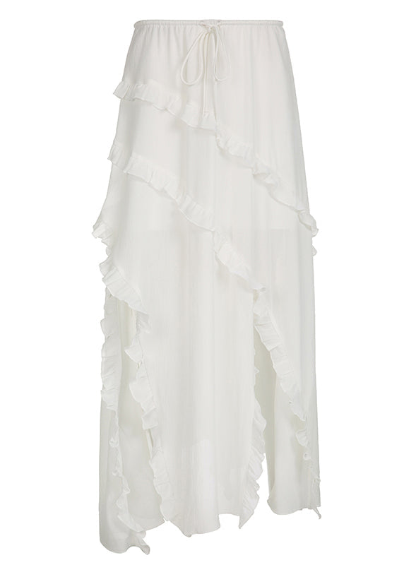 Whiteruffled Asymmetrical Lace Up Cotton Skirt Summer
