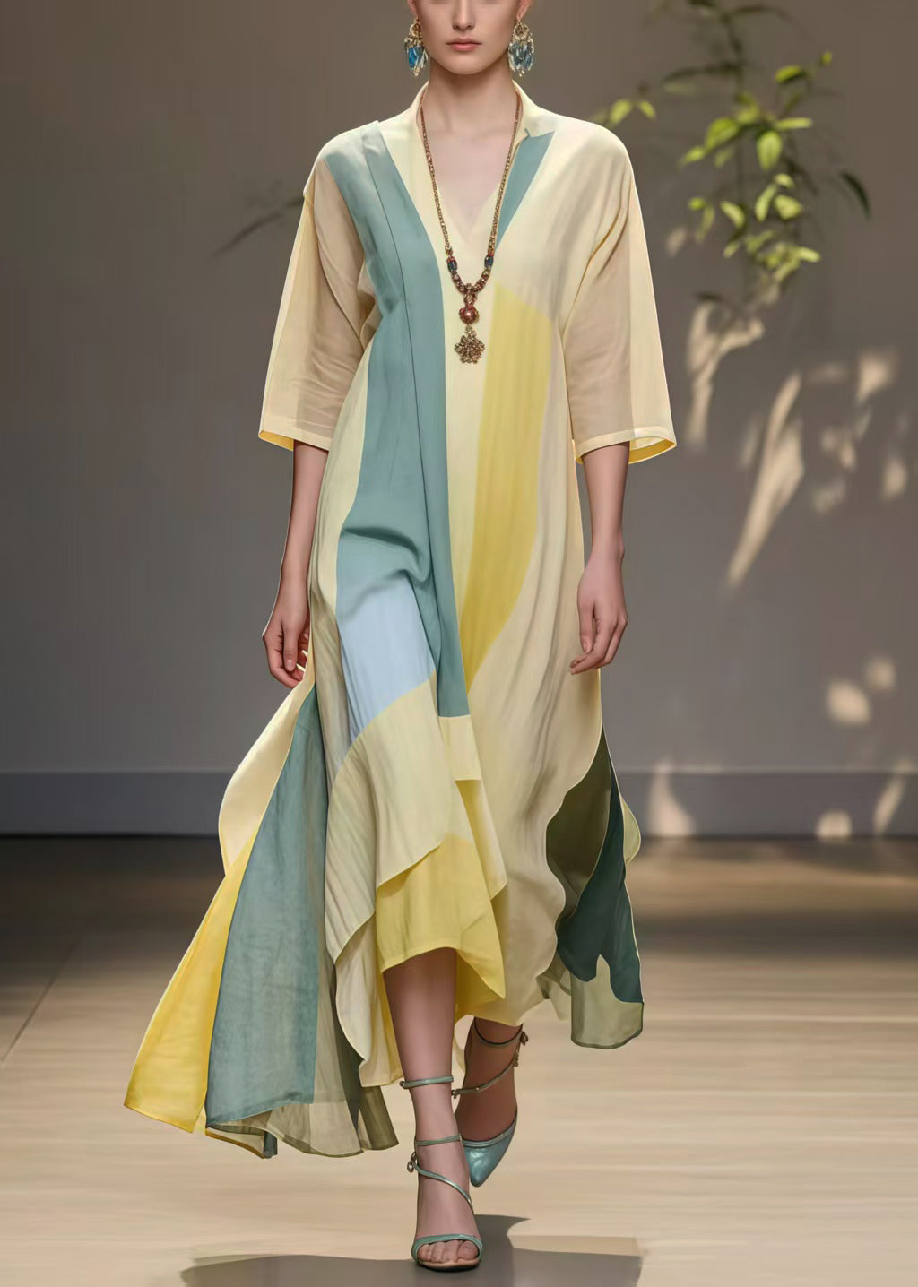 Yellow Asymmetrical Exra Large Hem Cotton Holiday Dress Summer