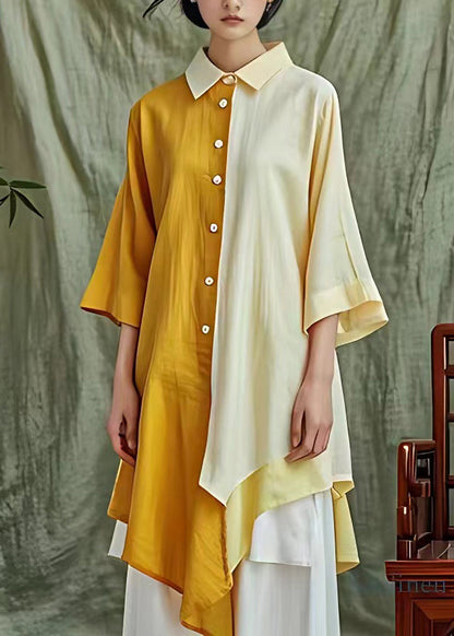 Beautiful Yellow Asymmetrical Patchwork Button Maxi Shirts Fall