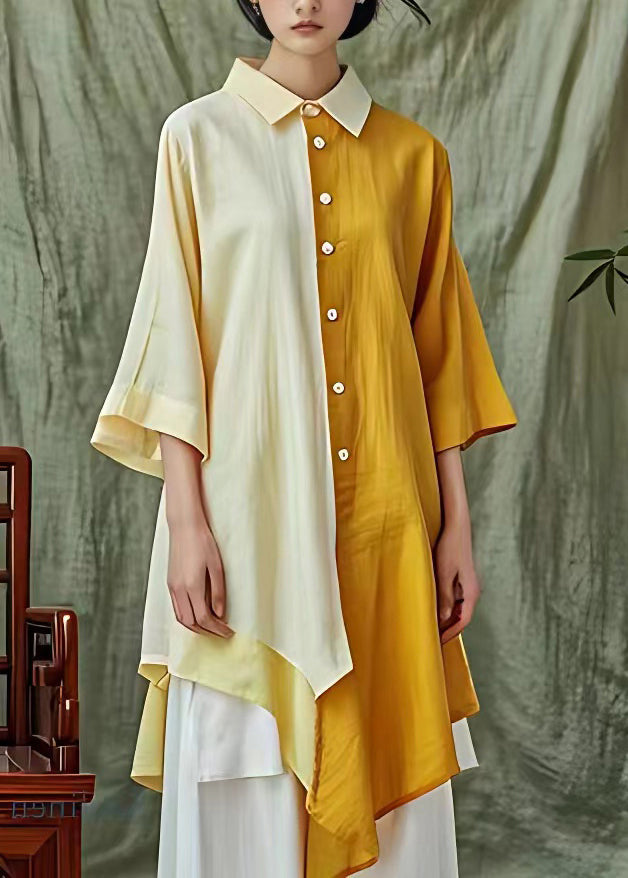Beautiful Yellow Asymmetrical Patchwork Button Maxi Shirts Fall