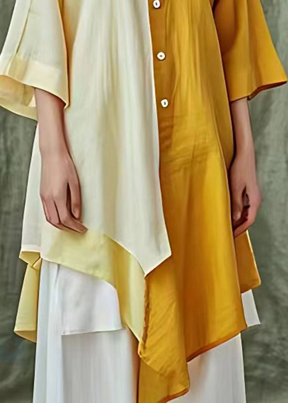 Beautiful Yellow Asymmetrical Patchwork Button Maxi Shirts Fall