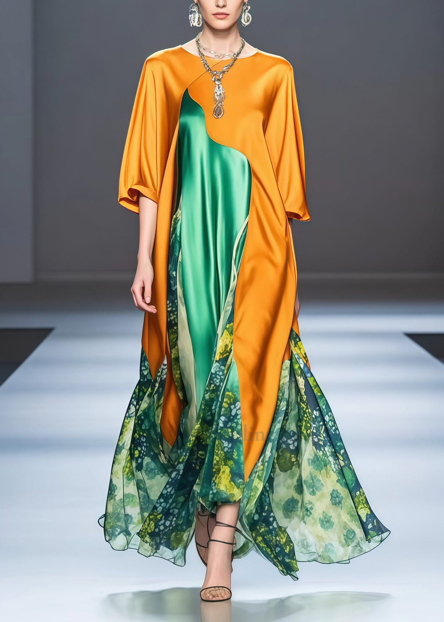 Yellow Asymmetrical Patchwork Draping Silk Holiday Dress Spring