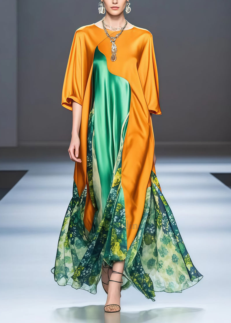 Yellow Asymmetrical Patchwork Draping Silk Holiday Dress Spring